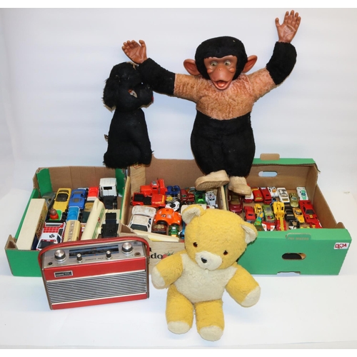 1267A - Three boxes of die-cast model vehicles, incl. Matchbox; three mid C20th soft toys incl. a monkey; Ro... 