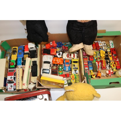 1267A - Three boxes of die-cast model vehicles, incl. Matchbox; three mid C20th soft toys incl. a monkey; Ro... 