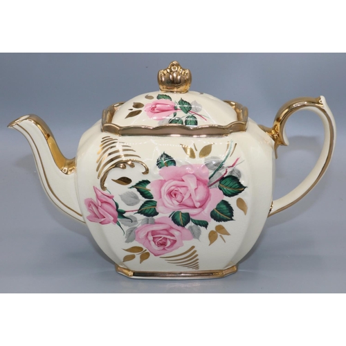 1312 - Sadler floral cube teapot, decorated with pink roses, H16cm