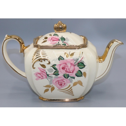 1312 - Sadler floral cube teapot, decorated with pink roses, H16cm