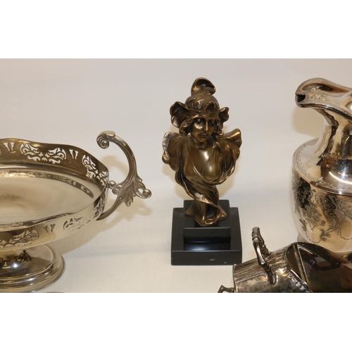 1315 - Quantity of silver plate incl. bottle coasters; and a reproduction art nouveau resin bust of a woman... 