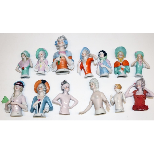 1318 - Thirteen early C20th and later German porcelain pin cushion dolls, incl. some 'arms away' examples, ... 