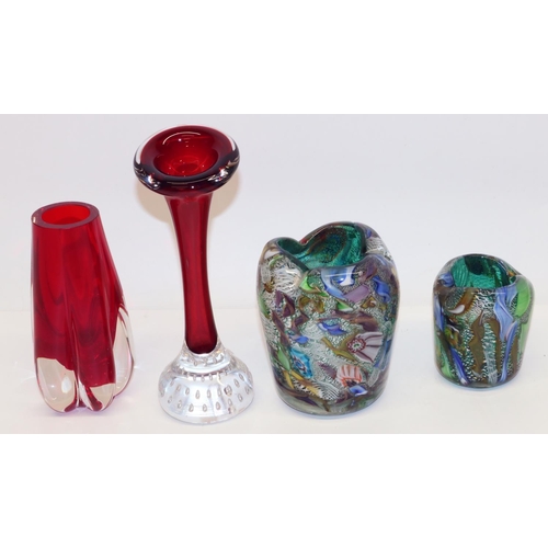 1321 - Group of C20th glass, comprising two red Whitefriars vases #9727 H13cm and one other H17.5cm; and tw... 