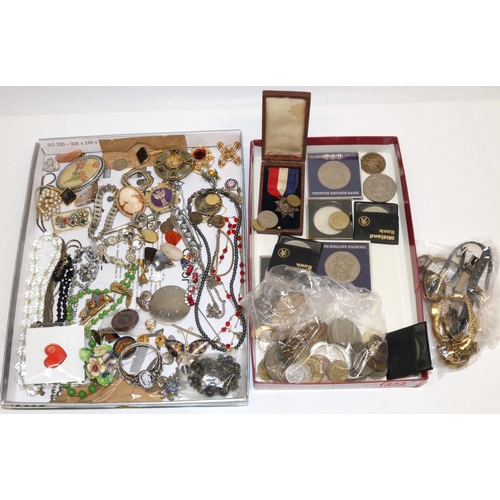 1322 - Quantity of of commemorative coins; mid-late C20th costume jewellery; wristwatches, etc. (2 boxes)