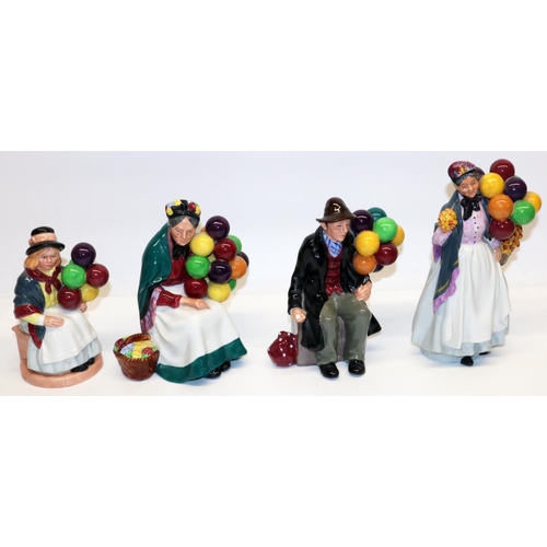 1324 - Four Royal Doulton balloon seller figures: Balloon Girl HN2818, Biddy Pennyfarthing HN1843, The Ball... 