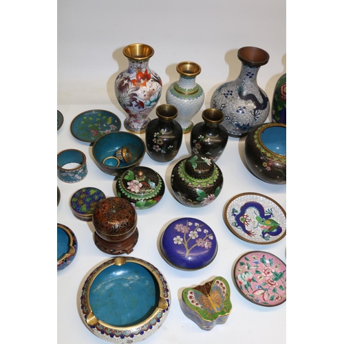 1329 - Group of C20th Chinese cloisonne items, incl. boxes, vases, dishes, napkin rings; and two C20th Cant... 