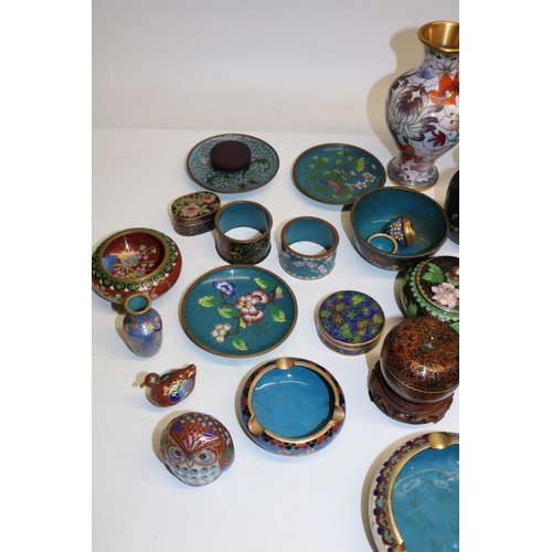 1329 - Group of C20th Chinese cloisonne items, incl. boxes, vases, dishes, napkin rings; and two C20th Cant... 