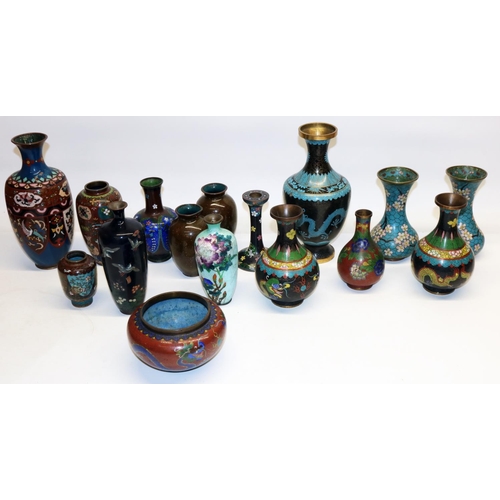 1330 - Group of early-mid C20th Chinese and Japanese cloisonne, incl. vases and bowls, max. H24cm, some A/F... 