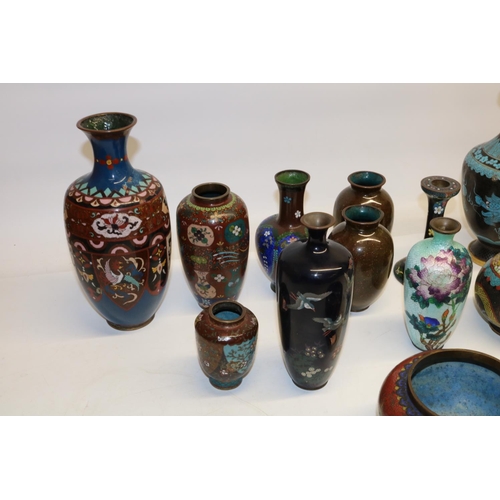 1330 - Group of early-mid C20th Chinese and Japanese cloisonne, incl. vases and bowls, max. H24cm, some A/F... 