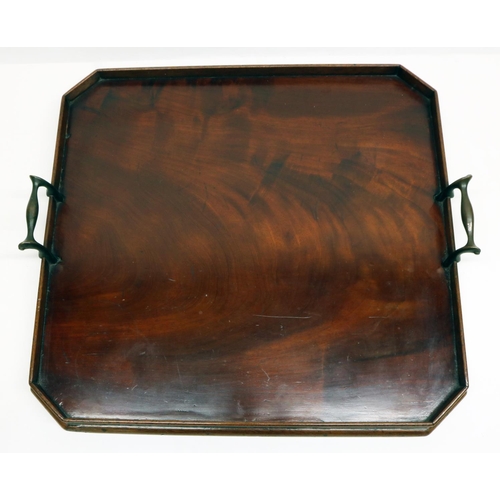 343 - Edwardian flamed mahogany butler's tray, canted corners, twin cast brass handles, 40cm x 38cm