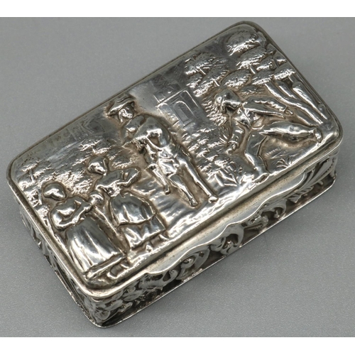 1203 - Edward VII hallmarked silver rectangular snuff box, all over repousse decorated, hinged lid with fig... 