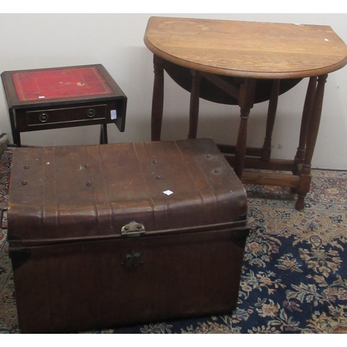 1272 - Oak drop leaf table, mahogany drop leaf sofa table with lyre supports and red leather inset to top a... 