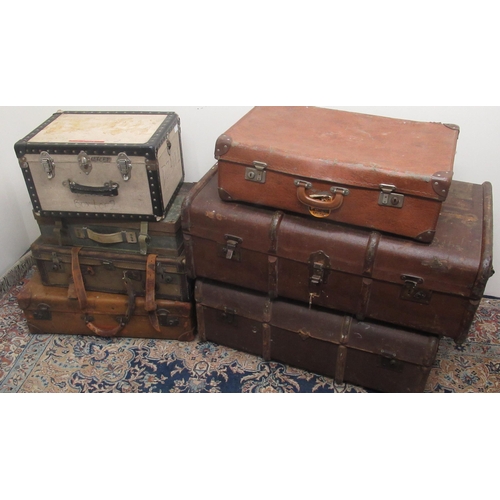 307 - Two canvas and beech bound cabin trunks W84cm and other vintage luggage (7)