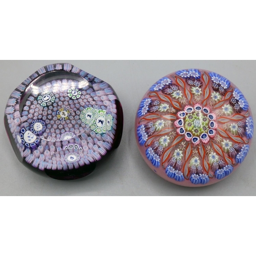 1227 - Perthshire carpet ground glass paperweight, containing six large millefiori canes, signature cane ma... 