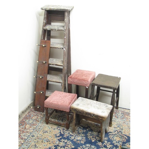 1375 - Wood step ladders, Victorian leather nail topped stool, milking stool, 2 light purple upholstered st... 