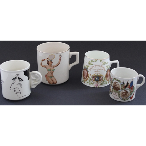 647 - 1950s pottery tennis mug, Preston Guild 1922 commemorative cup, 1918 WWI commemorative cup and a Car... 