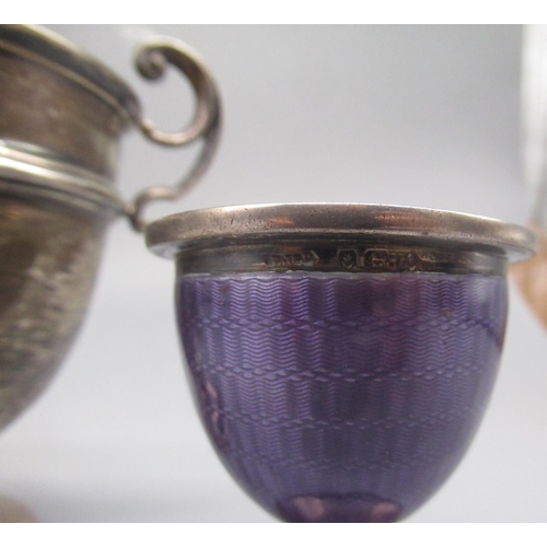 44 - Hallmarked Sterling silver and purple enamel egg cup by Lanson Ltd., Birmingham, 1936, and a hallmar... 