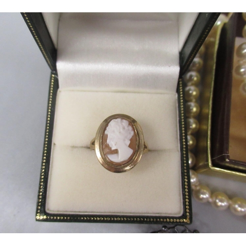 629 - 9ct yellow gold cameo ring, stamped 375, size K1/2, 3.3g, a collection of costume jewellery includin... 