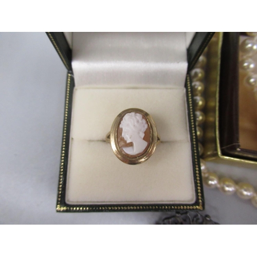 629 - 9ct yellow gold cameo ring, stamped 375, size K1/2, 3.3g, a collection of costume jewellery includin... 