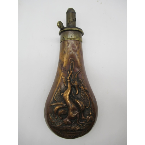 1378 - James Dixon and Sons Brass and copper powder flask embossed with hanging dead game and James Dixon a... 