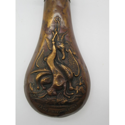 1378 - James Dixon and Sons Brass and copper powder flask embossed with hanging dead game and James Dixon a... 