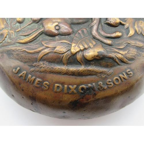 1378 - James Dixon and Sons Brass and copper powder flask embossed with hanging dead game and James Dixon a... 