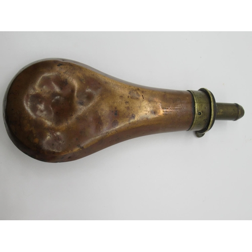 1378 - James Dixon and Sons Brass and copper powder flask embossed with hanging dead game and James Dixon a... 