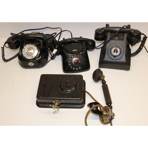 294 - Early C20th Ericsson black painted wall mounted servant's telephone with bell push and three other c... 