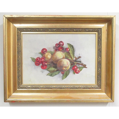 1450 - English School (C20th); Still Life study of cherries and peaches, oil on canvas, 16cm x 23cm