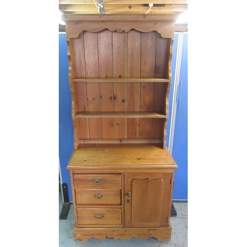 818 - Small Victorian and later pine dresser, two tier back above three drawers and panel door, on  skirte... 