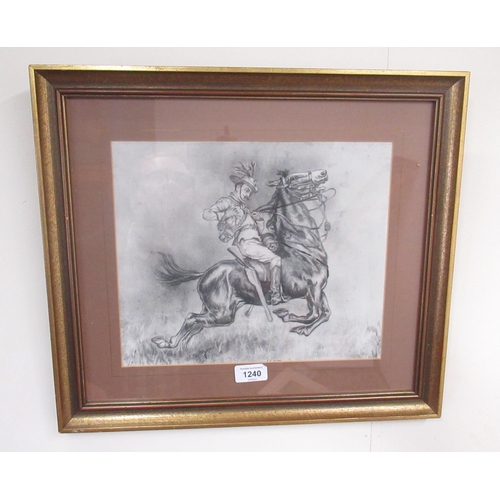 1469 - Monochrome print of a galloping War Horse, possibly Bill The Bastard, 25cm x 30cm