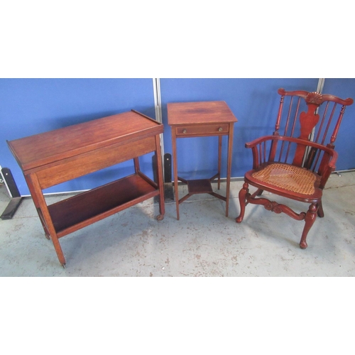 820 - Edwardian inlaid mahogany single drawer side table, W41cm D40cm H73cm, American style cane seat Wind... 