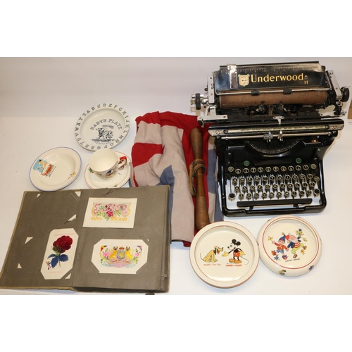 1320 - Underwood typewriter; Union Jack linen flag; WWI French silk and sweetheart postcards; wooden milita... 