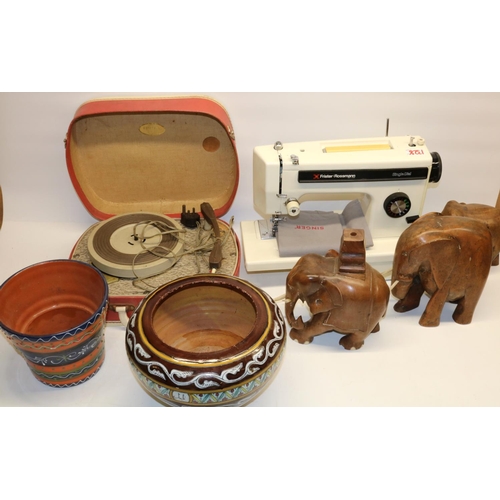 1328 - Two sewing machines incl. a Frister Rossman; elephant figures; two planters, record player, etc.