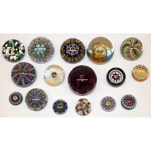 392 - Sixteen millefiori and other glass paperweights, incl. one marked Selkirk, max. D7.5cm