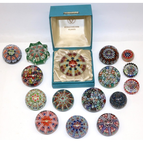 393 - Sixteen Strathearn glass paperweights, most millefiori, one boxed, max. D7.5cm