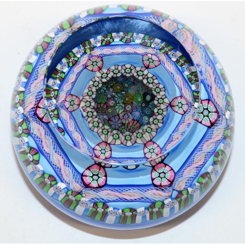 396 - Perthshire glass paperweight, incorporating a double layer of millefiori and six latticino white and... 