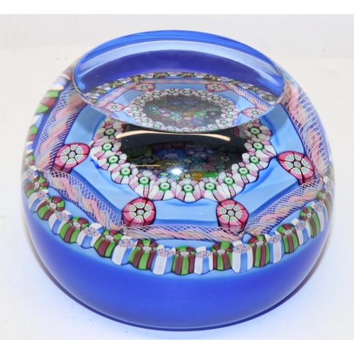 396 - Perthshire glass paperweight, incorporating a double layer of millefiori and six latticino white and... 