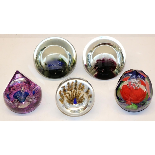 405 - Five Caithness glass limited edition paperweights: Devil's Advocate 87/150,  Whitefriars Peacock 25/... 