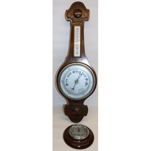 1479 - C20th oak aneroid wheel barometer with thermometer box H76cm and another D17.5cm (2)