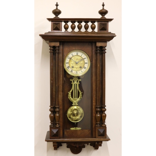 1480 - C20th continental walnut Vienna quarter striking wall clock, moulded case with spindle gallery and t... 