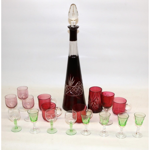 140 - Four Victorian cranberry custard glasses, similar wine glass and later lead crystal glassware (3)