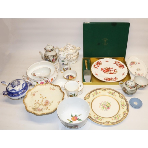 141 - Crown Staffordshire Rangoon cake plate and slice (boxed), Victorian sucrier, Royal Worcester Evesham... 