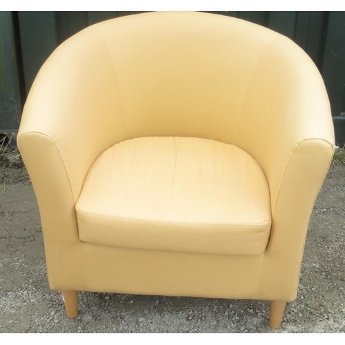 803 - Ikea tub chair, upholstered in mustard fabric with seat cushion, on turned supports