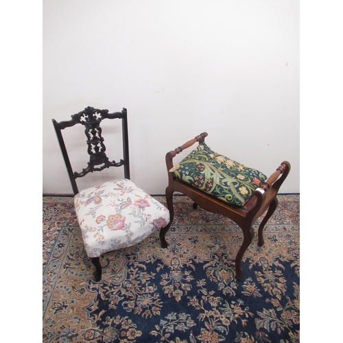 822 - Victorian ebonised nursing chair with carved and pierced splat on French cabriole legs H73cm and ear... 