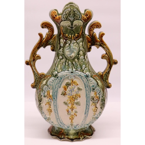 1483 - Early C20th continental majolica urn shaped vase, with twin scroll handles, H40cm