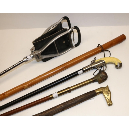 304 - Aluminium and plated shooting stick and four other walking sticks (5)