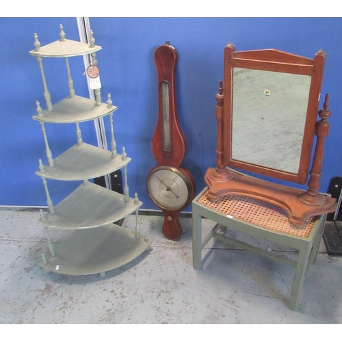 823 - Vintage green painted five tier corner what-not, similar cane seat stool, mahogany toilet mirror and... 