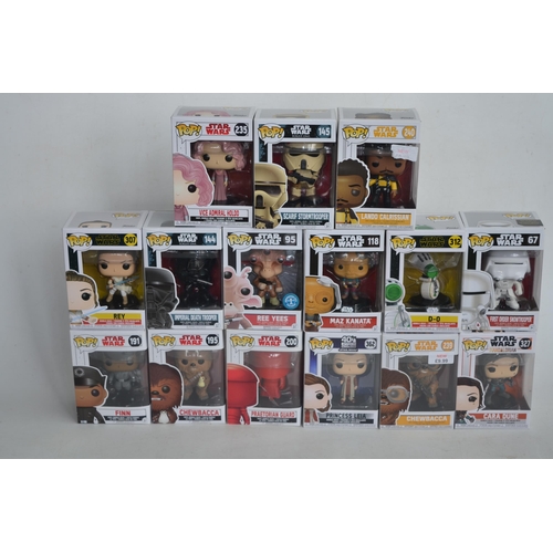 156 - 15x boxed Star Wars Funko Pop figurines to include Chewbacca, First Order Stormtrooper, Maz Kanata, ... 