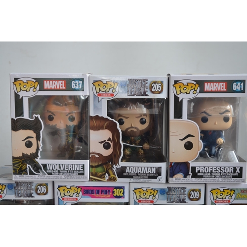 160 - Fifteen boxed Funko Pop figurines to include Marvel X-Men, Justice League, The Crimes Of Grindelwald... 